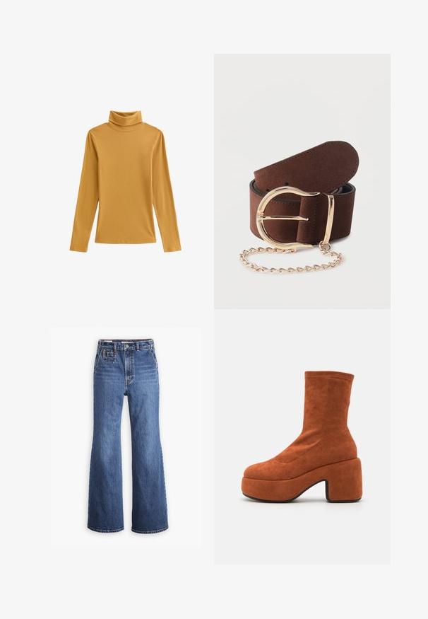 Sennepsgul turtleneck top af ribstrikket stof med lange ærmer og en tætsiddende pasform. Glat tekstur med høj hals.; Højtaljede blå denimjeans med bred ben-design, som har en frontlomme, messingknaplukning og kontrastsyninger.; Brune ruskind ankelstøvler med blokhæl og platformssål. Overdelen har en glat tekstur og syninger, der strækker sig til midten af læggen.; Brunt ruskindsbælte med afrundet guldlås og tilhørende guldkæde, vist rullet sammen på en hvid baggrund.