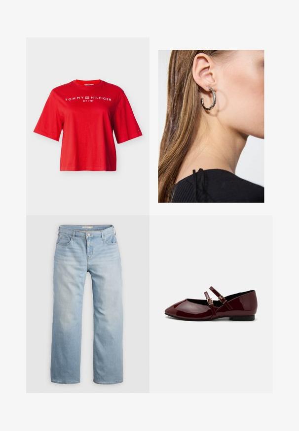 Rode korte mouw Tommy Hilfiger T-shirt met witte logotekst en embleem over de borst en een klein vlaglogo op de linker mouw.; Lichtblauwe wijde jeans van denim. Heeft een hoge taille, vijf zakken en contrasterende stiksels. Gladde textuur met een vervaagde afwerking.; Anna Field Ballerina's met enkelbandjes - dark red; Zilveren oorbel met een gepolijste afwerking, met kleine gouden accentdetails en een ronde vorm, gedragen op de oorlel.