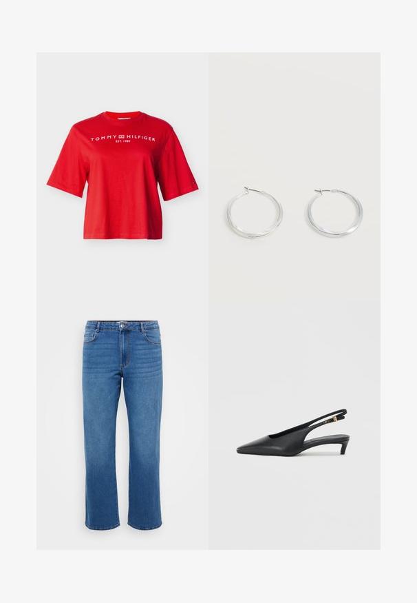 Rode korte mouw Tommy Hilfiger T-shirt met witte logotekst en embleem over de borst en een klein vlaglogo op de linker mouw.; Blauwe denim jeans met een rechte pijp, voorzien van een knoopsluiting, een klassiek vijf-pocketdesign en een subtiele vervaging op de dijen.; Zwarte slingback pumps met een spitse neus, een gladde leren textuur, een lage kittenhak en een bandje met een metalen gespaccent.; Zilverkleurige metalen creolen oorbellen met een glad, licht gebogen oppervlak en sluitingen met haaksluiting op een effen witte achtergrond.