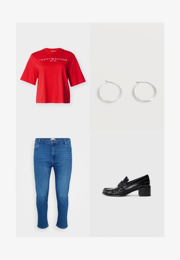 Camiseta roja de manga corta Tommy Hilfiger con texto de logo blanco y emblema en el pecho y un pequeño logo de bandera en la manga izquierda.; Jeans de mezclilla azul con cintura alta, cierre de botón y cremallera frontal, cinco bolsillos y un ajuste recto y ajustado.; Mocasines de cuero negro con un frente rizado, puntera redonda y tacón cuadrado. Presenta una correa decorativa y un detalle de costura a lo largo de los bordes.; Pendientes de aro de metal plateado con superficie lisa y ligeramente curvada y cierre de tipo mosquetón sobre un fondo blanco liso.