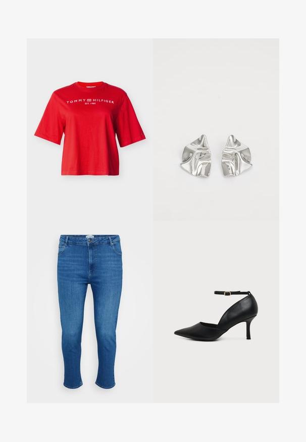 Rød kortærmet Tommy Hilfiger T-shirt med hvidt logotekst og emblem på brystet og et lille flaglogo på venstre ærme.; Blå denim jeans med høj talje, frontknap og lynlås, fem lommer og smal lige pasform.; Sort læder sko med spids tå, kitten heel, ankremme og gylden spænde på neutral baggrund.; Sølvmetal øreringe med et bølgende, skulpturelt design, der har en poleret overflade og uregelmæssige former, hvilket fremhæver en moderne æstetik.
