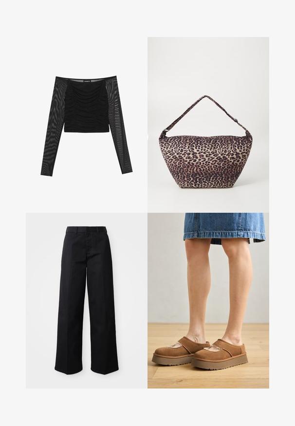 Top negro de manga larga con un frente fruncido, cuerpo sólido y mangas transparentes y texturizadas. Escote natural y diseño ajustado.; Pantalones de pierna ancha negros, hechos de suave tejido de algodón. Presentan una cinturilla clásica, bolsillos laterales y un corte recto hasta el dobladillo.; Zapatos de plataforma de ante marrón con punta redonda, detalles recortados y una suela resistente, acompañados de una falda de mezclilla en un entorno de suelo de madera.; Bolso de hombro de tela con estampado de leopardo, de forma amplia y asimétrica, superficie texturizada y una sola correa de hombro acolchada.