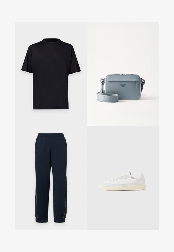 Zwart T-shirt met korte mouwen en een hoge hals, gemaakt van een glad, lichtgewicht materiaal, met een minimalistisch ontwerp zonder patronen of accenten.; Marineblauwe sweatpants met een zachte textuur, taps toelopende boorden en mesh zijpanelen. Elastische tailleband voor comfort en een casual pasvorm.; Witte sneaker met een bovenwerk van gestructureerd suède en leer. Voorzien van een afgeronde neus, vetersluiting en een contrasterende beige rubberen zool.; Blauwe gestructureerde crossbody tas van textuurmateriaal, met een ritsluiting, een voorvak en een verstelbare schouderband met "EMPOR" branding.