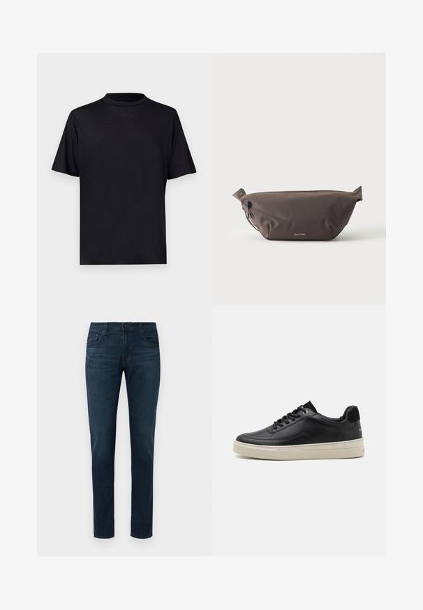 Sort T-shirt med korte ærmer og høj hals, lavet af en glat, letvægtsstof, med et minimalistisk design uden mønstre eller detaljer.; Mørkeblå slim-fit jeans med fem lommer, frontknap og lynlås, præsenteret mod en hvid baggrund.; Sort lædersneaker med lav profil, der har en cremefarvet gummisål, rund tå og snøre-design, akkompagneret af en hæl i sort ruskind.; Mørkebrun stof talje taske med diagonalt lynlåslomme og lille hvidt logo på fronten, sat mod en ensfarvet lys baggrund.