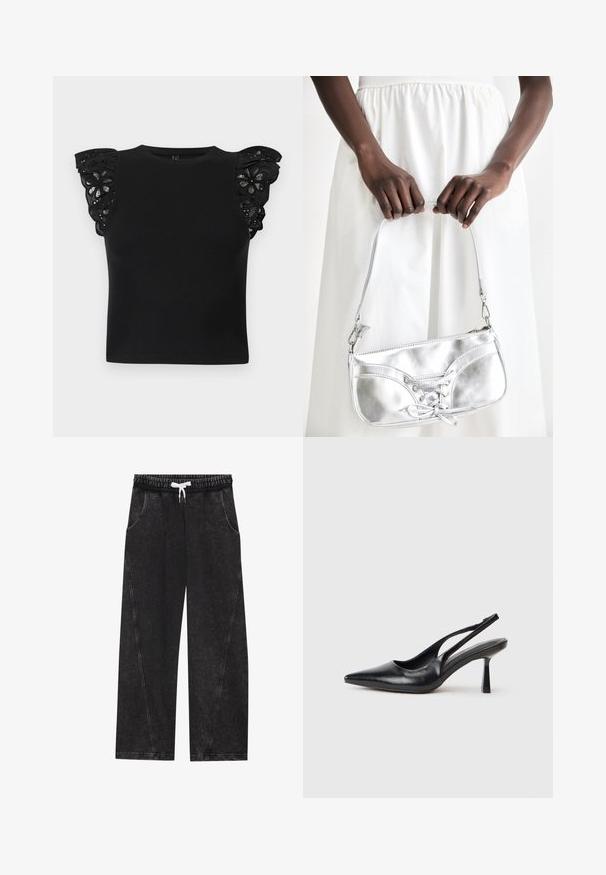 Top negro sin mangas con escote redondo, textura acanalada y detalles de volantes de encaje con recortes florales en los hombros.; Pantalones anchos y negros hechos de una tela texturizada. Presentan una cinturilla elástica con un cordón blanco y bolsillos frontales con costuras diagonales.; Zapato de tacón alto negro de cuero con puntera afilada y tacón delgado sobre un fondo blanco.; Bolso metálico plateado con detalle de cordones, que presenta un diseño elegante y una correa corta. El bolso está sostenido con las manos, mostrando su textura.