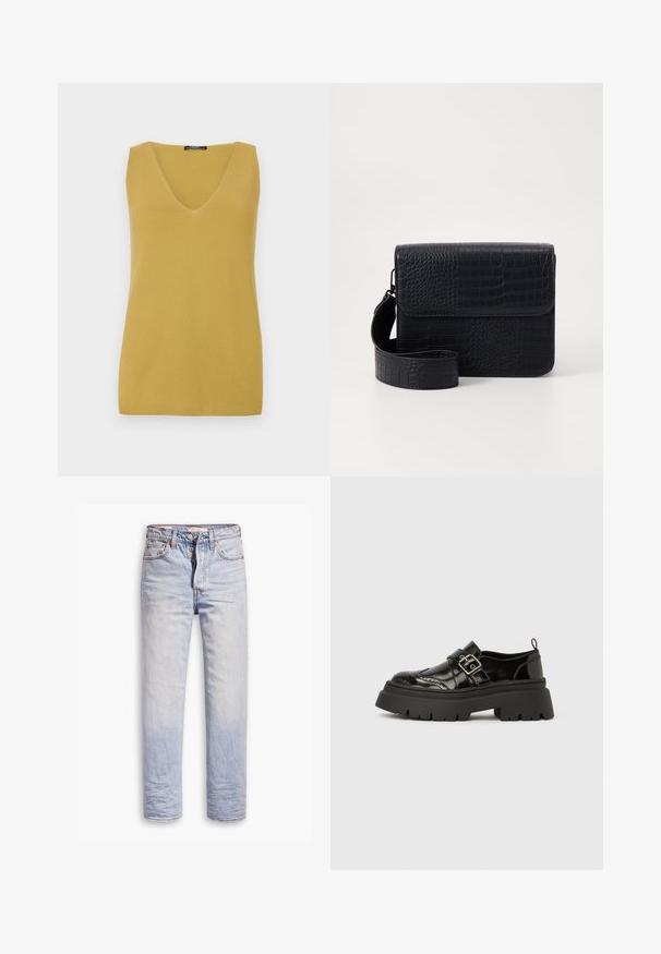Sennepsgul ærmeløs topp med V-hals, lavet af et tekstureret strikmateriale, med et simpelt, lige snit.; Lyseblå denimjeans med lige ben, der har en knaplukning, fem lommer og en diskret falmning langs benene.; Sort laklæder loafer med en tyk rillesål, brogue-detaljer og en sølvspænde rem over vristen.; Sort taske med krokodillestruktur, rektangulær form, omslag og aftagelig rem. Har en glat overflade og blankt udseende.
