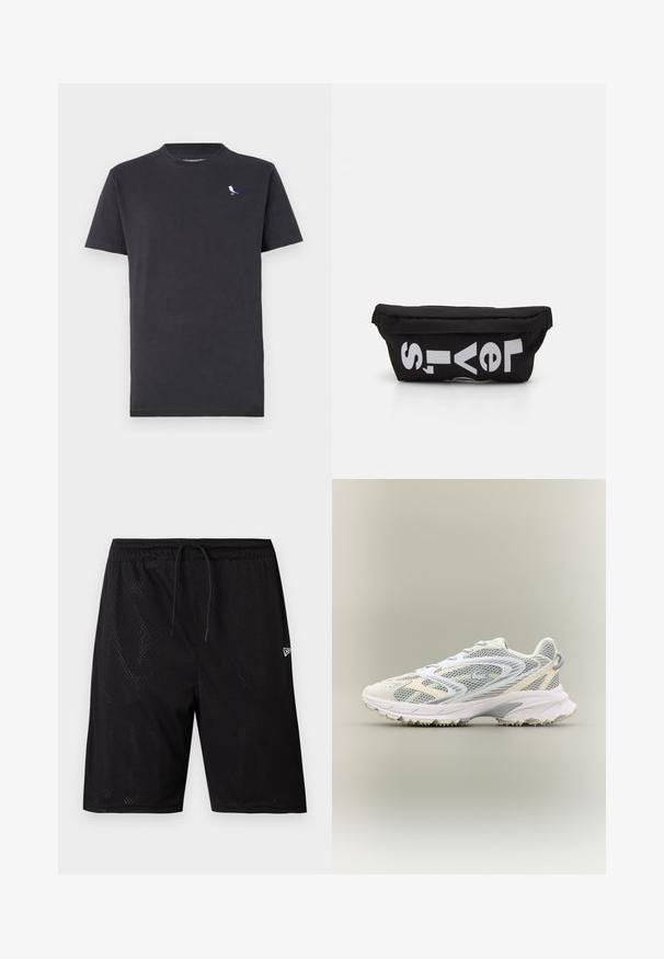 Schwarzes Baumwoll-T-Shirt mit Rundhalsausschnitt und kurzen Ärmeln, mit einem kleinen mehrfarbigen Vogel-Logo auf der linken Brust.; Schwarze Mesh-Sportshorts mit einem elastischen Bund und Kordelzug, ausgestattet mit einer perforierten Textur und einem kleinen weißen Logo auf der unteren rechten Seite.; Weißer Sportschuh mit grauen Netzpaneelen, strukturierten Überzügen, einem gepolsterten Kragen und einer Gummisohle mit kleinen Traktionsspikes.; Schwarze Stofftasche mit flacher Form, mit fettgedrucktem weißen Text. Der Reißverschluss befindet sich oben, mit einer Schlaufe an einer Seite.