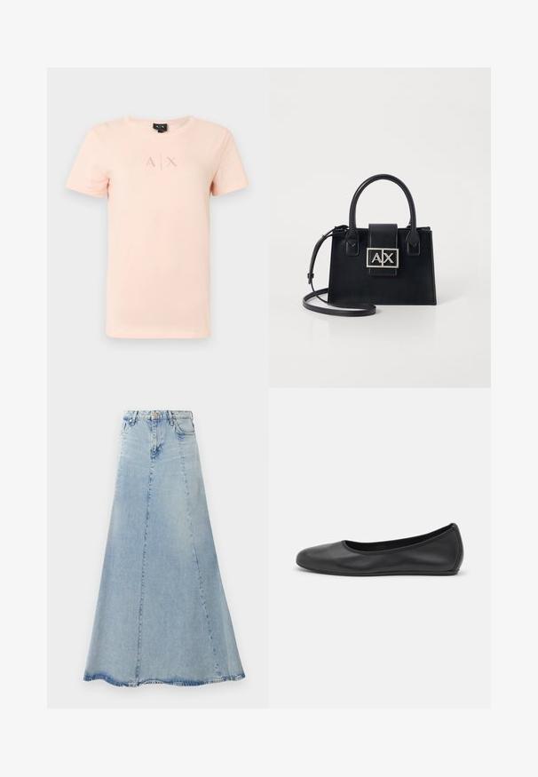 Lyserød kortærmet t-shirt med A|X-logo i lille, diskret skrifttype centreret på brystet, rund halsudskæring og ensfarvet design.; Lyseblå denimnederdel med en udvidet A-form, der har en lukning med knapper foran, bæltesløjfer og synlig syning.; Sort læderballetsko med rund tå, glat tekstur, minimal syning og et fleksibelt såldesign.; Sort læder håndtaske med en struktureret design, top håndtag og en aftagelig skulderrem. Har en logo-plade i sølvfarve og en glat overflade.