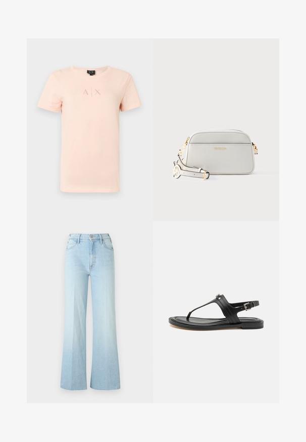 T-shirt à manches courtes rose clair avec logo A|X en petite police discrète centré sur la poitrine, col ras du cou et design simple.; Jean bleu clair taille haute à jambes larges avec bouton devant, fermeture éclair et poches, présenté sur un fond blanc uni.; Sandale noire en cuir avec lanière de cheville sécurisée, présentant une surface lisse, une semelle plate et un détail de boucle argentée.; Sac bandoulière en cuir blanc avec ferrures dorées et sangle réglable, avec un logo de marque discret sur la poche avant.