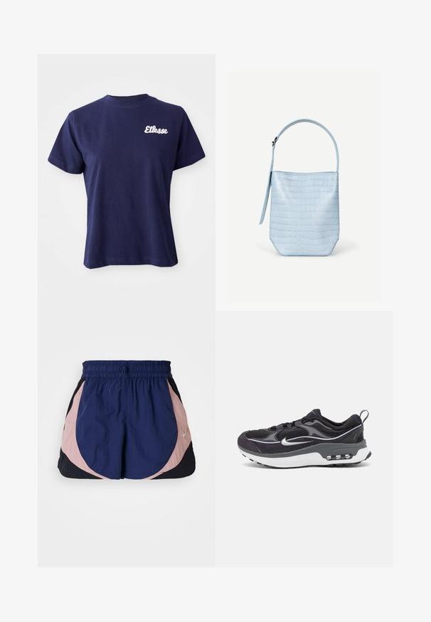 Tumedat sinise puuvillane t-särk lühikeste varrukatega, ümar kaelus ja valge "Ellesse" logo broderinguga vasakul rinnaosal.; Nike spordilühikesed püksid elastse vöökohtaga, millel on tumesinine, roosa ja must paneel. Valmistatud kergest tekstuuriga kangast.; Must ja hallid Nike spordijalatsid koos võrgu ülemise osaga, tekstuursete detailide, pehmendatud tallaga ja nähtava õhuüksusega kannaosas.; Hele sinine käekott krokodillinaha tekstuuriga, ristkülikukujuline, ühe ülaosaga käepide ja küljes rippuv rihm tavalise valge taustaga.