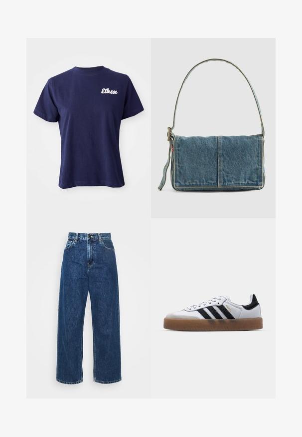 Marineblå bomulds T-shirt med korte ærmer, rund halsudskæring og hvidt "Ellesse"-logo broderet på venstre brystområde.; Lysblå denim brede ben jeans med høj talje, synlig syning og standard lommer. Har en knap- og lynlåslukning.; Hvide lædersneakers med sorte striber, gummirubber sål, rund tå, snørelukning og blød grå ruskinds tåhætte.; Denim skuldertaske med fold-over design, lys blå farve, synlige sømme, justerbar rem og en sidelabel-detalje.