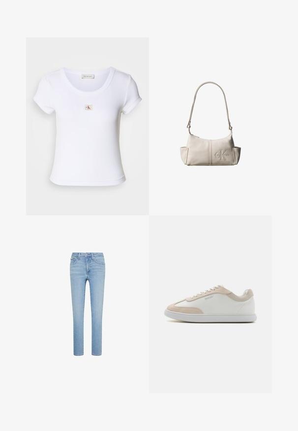 Hvid tætsiddende t-shirt lavet af ribbet stof, med rund halsudskæring og korteærmer. Et lille CK-logo er syet på brystet.; Lyseblå denimjeans, lige snit, fem-lommer stil, med forreste knap- og lynlås lukning, med subtile falmninger og syningsdetaljer.; Hvide lædersneakers med beige ruskindsdetaljer og hvide snøringer. Har en rund tå og en polstret sål for komfort.; Lille beige læder skuldertaske med justerbar rem og præget Calvin Klein-logo foran i midten.