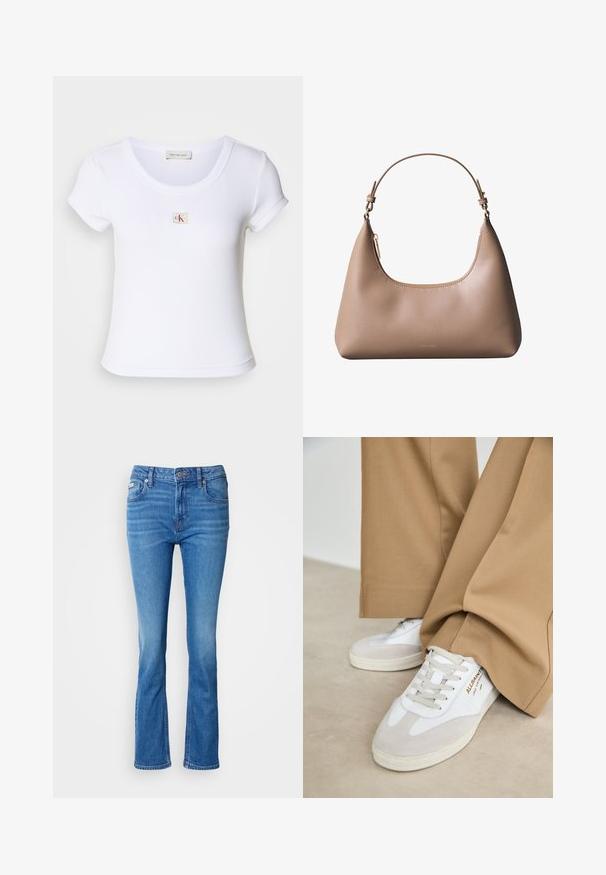 Hvid tætsiddende t-shirt lavet af ribbet stof, med rund halsudskæring og korteærmer. Et lille CK-logo er syet på brystet.; Blå denim flared jeans med en mellemhøj talje, der har et klassisk fem-lomme design og en subtil affadet tekstur ved knæene.; Hvide sneakers med ruskinddetaljer, strukturerede snørebånd og gummisål. Kombineret med løse, brune bukser. Logoet er vist på siden.; Beige skuldertaske i læder med kort håndtag, buet toplynlås og minimalistisk Calvin Klein-logo foran.