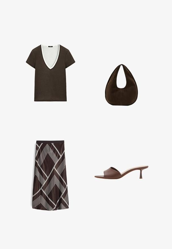 T-shirt marron foncé à manches courtes avec un col en V et une bordure blanche autour de l'encolure sur fond blanc.; Jupe évasée marron avec des motifs géométriques en diamant blancs. Texture lisse et soyeuse avec une taille ajustée et une coupe à hauteur des genoux.; Mule en cuir marron à bout ouvert, avec un talon kitten bas et fin et une semelle intérieure rembourrée, présentée sur fond blanc.; Sac à main en daim marron foncé en forme de croissant avec une seule sangle large et une texture lisse sur fond blanc.