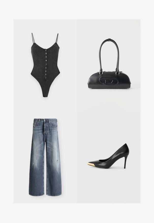 Body en maille noire côtelée avec fines bretelles et une rangée avant de petits boutons noirs, étalé à plat sur un fond blanc.; Jean bleu à coupe large avec légère décoloration et petits détails usés sur le haut des cuisses, avec cinq poches et passants pour ceinture.; Pompe à talon haut en cuir noir avec bout pointu ; présente une accentuation métallique dorée sur le capuchon. Surface lisse avec un design épuré.; Sac à main en cuir noir avec longues poignées doubles et logo ovale embossé sur le devant, présenté sur un fond clair uni.