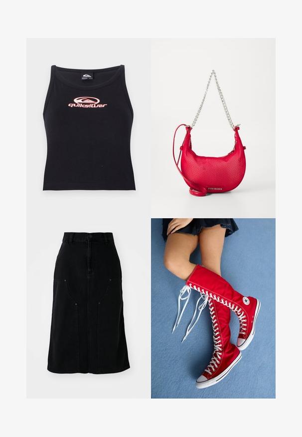 Must räbale crop top on pehmeast kangast, millel on südames roosa Quiksilveri logo. Lihtne disain ümmarguse kaelusega.; Musthave tume teksaskirt, sirge lõikega, ees taskud ja nööp sulgemisega vööl. Omab nähtavat õmblust ja tekstuurset kangast.; Punased kõrged spordijalatsid, millel on kanvasest pealis, valged paelad ja kummist tallaosad musta ja valgega. Kuni põlveni ulatuv disain koos logode detailidega.; Punane võrgust käekott kaarjas kuju, hõbedased kettdetailid ja reguleeritav rihm. Esifaasil on brändingu insignia.
