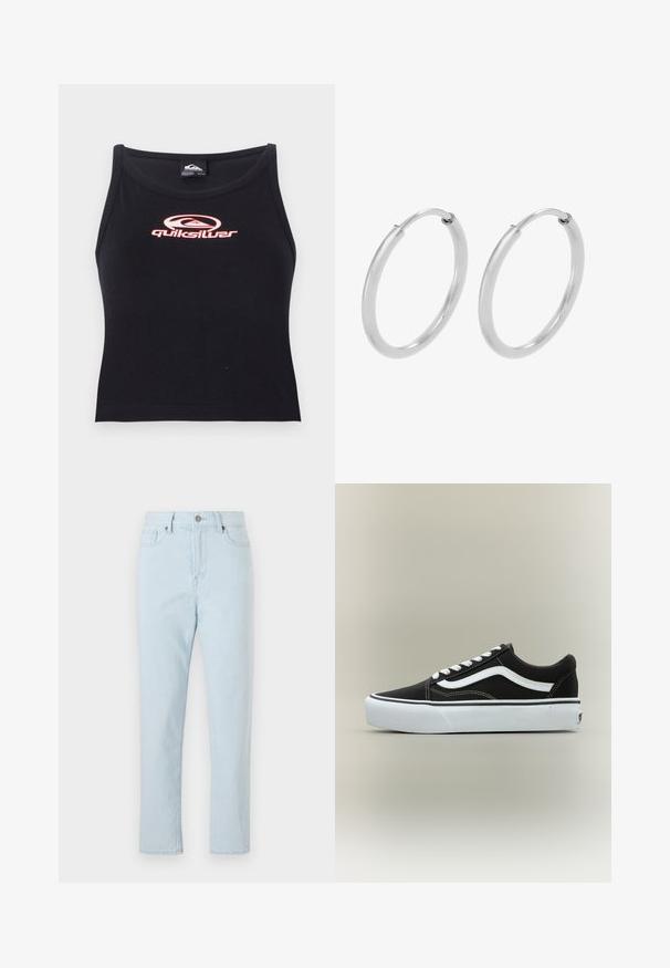 Sort udenærmet crop top lavet af blødt stof med et pink Quiksilver-logo centralt på brystet. Enkel design med rund udskæring.; Høj talje lys blå lige ben jeans med frontlommer, bæltestropper, knaplukning og synlige syninger ned ad benene.; Lavtop sort sneaker med hvid side stribe, hvide snørebånd, hvid gummisål og tekstureret tåhætte på neutral baggrund.; Sølv hoops øreringe, cirkulær form, glat skinnende tekstur og ensartet bredde hele vejen igennem. Minimalistisk design uden yderligere accenter.