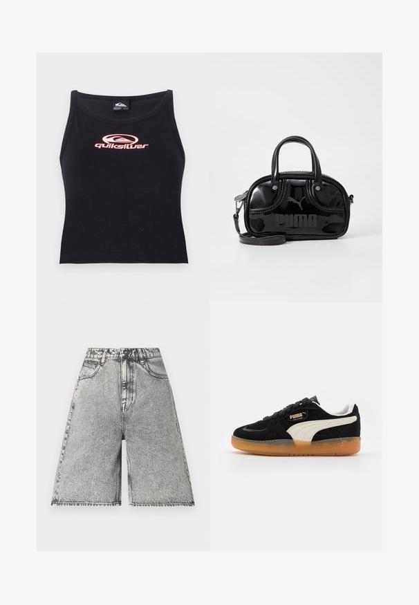 Crop top noir sans manches en tissu doux, avec un logo Quiksilver rose centré sur la poitrine. Design simple avec un décolleté arrondi.; Shorts en denim avec un motif délavé noir et gris, présentés avec une taille haute, des passants de ceinture et cinq poches. Les bords sont finis.; Sneaker en suede noir avec des accents blancs et une semelle en caoutchouc beige. Doté d'un col rembourré et de lacets plats, marqué d'un logo doré.; Sac à main en cuir verni noir avec des poignées supérieures doubles, une bandoulière amovible, une forme arrondie et un logo "PUMA" en relief bien visible.