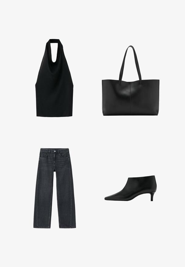 Schwarzes ärmelloses Neckholder-Top mit tiefem Rundhalsausschnitt und locker fallendem, drapiertem Stoff.; Weite Jeans aus dunkelgrauem Denim. Mit Fronttaschen und klassischem Fünf-Taschen-Design. Mit Knopfverschluss und dezenten Ausbleichdetails.; Schwarzer Leder-Stiefelette mit spitz zulaufender Zehenpartie und niedrigem Kitten-Heel, entworfen für eleganten und formellen Gebrauch.; Schwarze Leder-Tote mit zwei langen Griffen, einem eleganten Design und subtilen Nähten entlang der Mittelnaht. Glatte Textur.