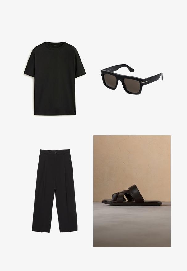 Zwarte katoenen t-shirt met een klassieke ronde hals, korte mouwen en een comfortabele pasvorm. Gladde textuur, zonder patronen of versieringen.; Zwarte wijde broek gemaakt van gladde stof, met een platte tailleband, voorplooien en een enkele knoopsluiting.; Zwarte leren slip-on sandaal met drie gekruiste bandjes, platte zool en een gladde textuur, boven een geweven natuurlijk vezel tapijt.; Zwarte vierkante zonnebril met donkere lenzen, featuring gouden accenten op de armen en een gladde kunststof textuur.