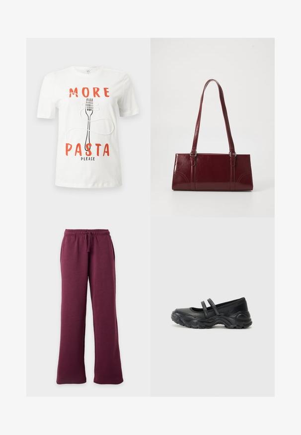 T-shirt blanc avec texte rouge "PLUS DE PÂTES SVP" et un graphique d'une fourchette noire enroulée de nouilles de pâtes blanches.; Pantalon de survêtement bordeaux à jambes larges avec ceinture élastique et cordon, poches avant, présenté sur un fond clair uni.; Ballerines noires en cuir avec deux brides réglables, un bout rond et une semelle en caoutchouc texturé pour une meilleure adhérence.; Sac à main bordeaux en matériau brillant, de forme rectangulaire, avec deux anses et des accents légèrement courbés à l'avant.
