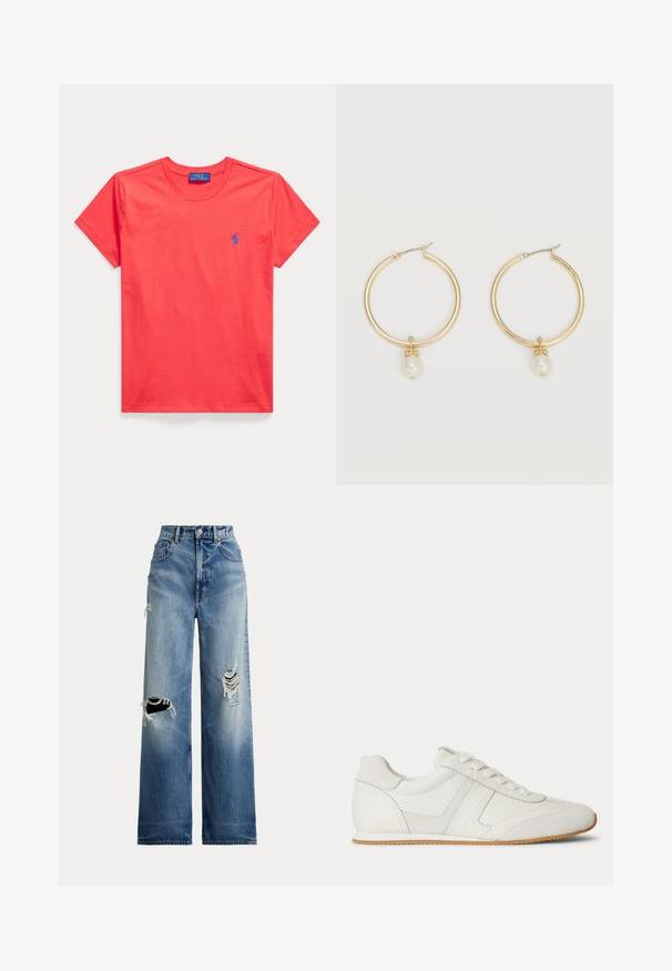 Rotes T-Shirt mit kurzen Ärmeln und Rundhalsausschnitt mit kleinem blau besticktem Polo Ralph Lauren-Logo auf der linken Brust.; Weitbeinige blaue Jeans aus Denim mit aufgerissenen Knien, hoher Taille, Knopfverschluss und klassischem Fünf-Taschen-Design.; Weißer Sneaker mit niedrigem Schaft, Schnürung vorne, Velours- und Lederpaneelen sowie einer hellbraunen Gummisohle auf weißem Hintergrund.; Goldene Creolen, jeweils mit einer einzelnen herabhängenden weißen Perle und kleinen Strasssteindetails vor hellem Hintergrund.