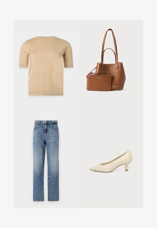 Beige korte mouw gebreide trui met ronde hals en rechte zoom, weergegeven op een effen lichte achtergrond.; Lichtblauwe denim jeans met een rechte pijpdesign, voorzien van vijf zakken, een knoop- en ritsluiting, en minimale vervaging op de stof.; Dames schoen in roomkleur met een puntige neus en een lage, ronde balvormige hak op een effen achtergrond.; Bruine leren shopper met twee lange handvatten en bijpassend ritstasje, beide met subtiele merklogo’s op een effen achtergrond.