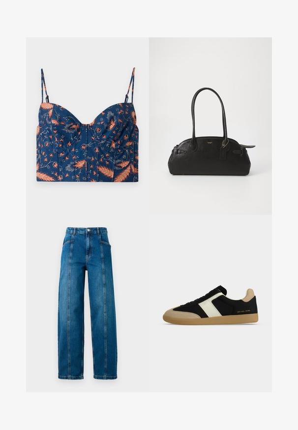 Marineblå cropped top med blomsterprint i orange og pink, med tynde justerbare stropper og strukturerede kopper. Blød stoftekstur.; Højtaljede blå denim jeans med brede ben, lodrette sømme foran, sidelommer, bæltestropper og knaplukning.; Sort og beige lavtop sneakers med hvid side stribe, tan sål og "Michael Kors" logo på hælområdet.; Sort læderhåndtaske i rund form, med to lange håndtag, guldfarvet hardware og et lille mærke vedhæftet. Lynlåslukning på toppen.