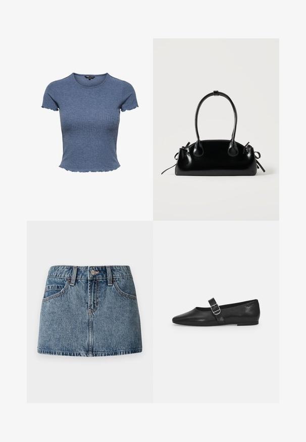 Kortærmet blå crop top i ribstrik med bølgede kanter på ærmer og skørt, rund halsudskæring og tætsiddende silhuet.; Denim mini nederdel i middelblå vask, med en tætsiddende talje, forlommer og subtile syninger. Glat, struktureret stoffinish.; Sorte læder flade sko med rund tå, et enkelt justerbart spænde og en glat, blank overflade. Minimalistisk design med en lav hæl.; Lille sort blank håndtaske med to lange håndtag og snøre-detaljer i siden på en ensfarvet lys baggrund.
