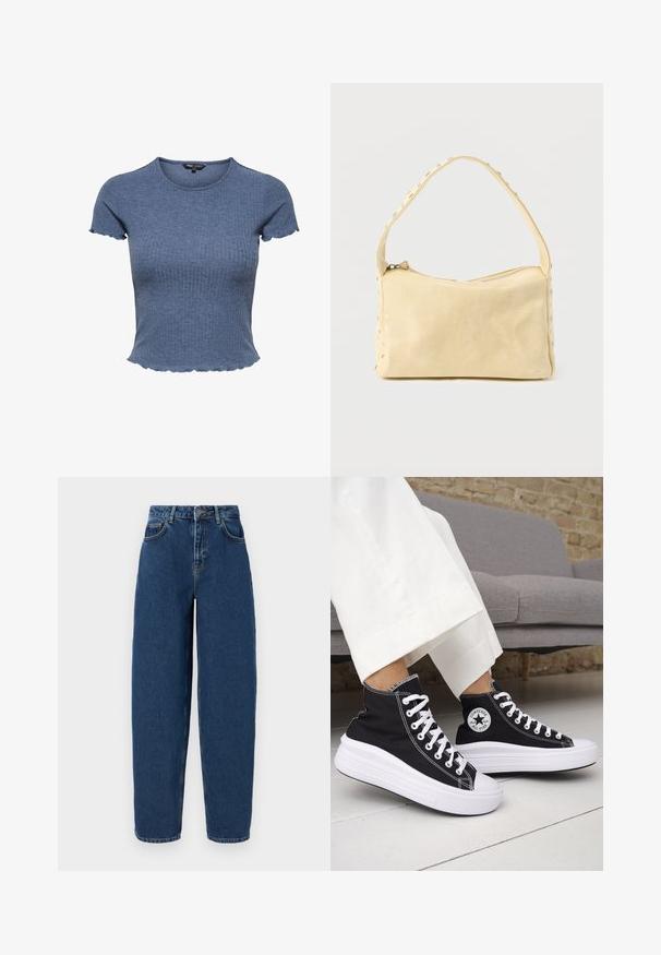 Kortærmet blå crop top i ribstrik med bølgede kanter på ærmer og skørt, rund halsudskæring og tætsiddende silhuet.; Mørkeblå denim jeans med høj talje, bred benpasform, fem-lomme design og kontrasterende syninger. Klassisk lynlås og knaplukning.; Sorte sneakers med højt skaft, hvide gummisåler og snørebånd. Har en rund logo-patch og kontrasterende hvide syninger. Fremstillet af lærredsmateriale.; Lille beige læderhåndtaske med en enkelt rem og sølvnitter langs kanterne og remmen, sat mod en ensfarvet baggrund.