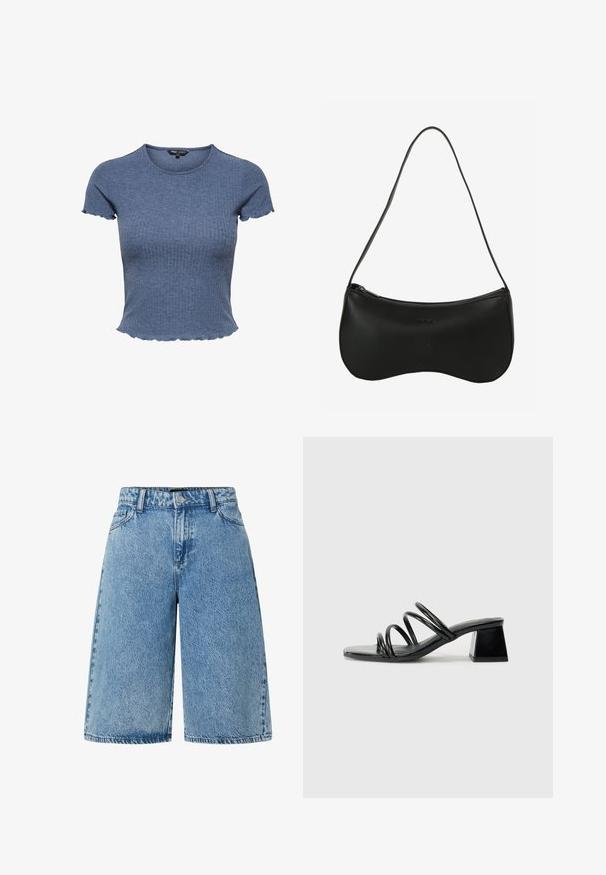 Korte mouw ribgebreide blauwe cropped top met gegolfde randen aan mouwen en zoom, ronde halslijn en aansluitende pasvorm.; Lichtblauwe denim short met een wijde snit, standaard vijf-pocket stijl en een gestructureerde stof met een vervaagde afwerking.; Zwarte hakkensandaal met een vierkante neus, voorzien van drie gedraaide banden op de bovenkant en een stevige vierkante hak. Glad, glanzend materiaal.; Zwarte leren schoudertas met een gebogen vorm, ritssluiting en een enkele dunne band; gladde textuur en subtiel geperst logo.