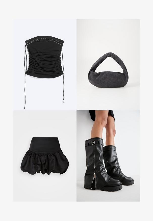 Zwarte strapless geplooide korset top met vetersluiting en lange zijstrikjes, plat gelegd op een lichte achtergrond.; Zwarte satijnen rok met een nauwsluitende taille en een volumineuze, geplooide zoom. Kenmerkt zich door een gladde textuur en een ballonvormig silhouet.; Zwarte leren kniehoge laarzen met een brede schacht, voorzien van een zijrits en een gespaccent, met een gestructureerde afwerking en een chunky rubberen zool.; Donkergrijze stoffen tas met een gebogen handvat, zachte textuur en ronde vorm. Geen zichtbare hardware of versieringen.