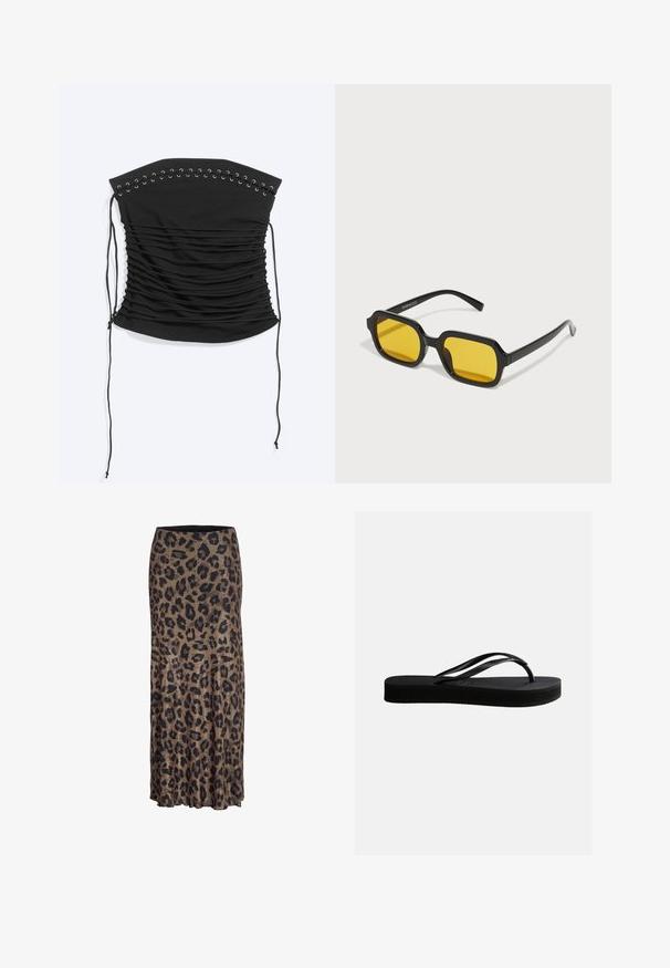 Zwarte strapless geplooide korset top met vetersluiting en lange zijstrikjes, plat gelegd op een lichte achtergrond.; Leopardprint rok in bruin en zwart, met een vloeiende vormgeving en een subtiele ruffle zoom, gemaakt van lichte, zachte stof.; Zwarte rubberen teenslipper met gestructureerd zool en Y-vormige band, zijaanzicht op een effen lichte achtergrond.; Zwarte rechthoekige zonnebril met gele lenzen. Kenmerken zijn onder andere dikke monturen en een hoekig ontwerp met een gladde, glanzende afwerking.