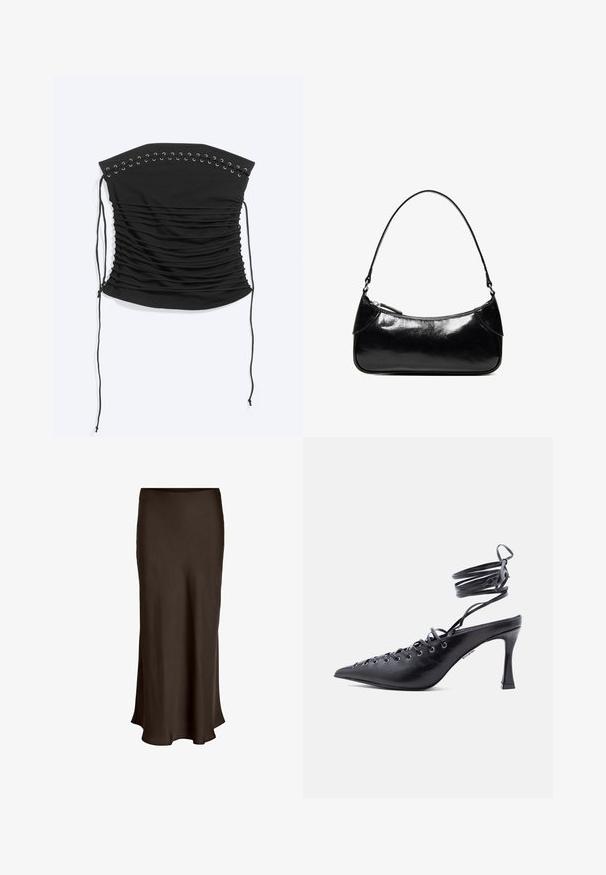 Schwarzes trägerloses gerafftes Korsett-Top mit Schnürdetail und langen seitlichen Bändern, flach auf hellem Hintergrund liegend.; VILA VIELLETTE HW MIDI SKIRT - NOOS - Maxirock - coffee bean; Schwarzer spitz zulaufender High Heel mit Wickelriemen um den Knöchel und mehreren Ösen entlang der Vorderseite zum Schnüren.; Schwarze, glänzende Lederschultertasche mit einem einzelnen Reißverschlussfach und einem dünnen, bogenförmig gebogenen Träger.