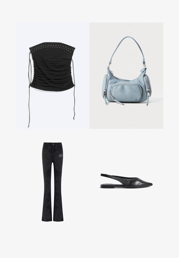 Top corsé negro palabra de honor con fruncidos, detalle de cordones y lazos largos en los laterales, colocado plano sobre un fondo claro.; Jeans acampanados negros con intrincados patrones de paisley en tonos similares. Cuenta con un cierre de botón, bolsillos frontales y un logotipo en el muslo superior izquierdo.; Bailarinas de piel negra con tira en el talón y punta afilada, de diseño minimalista. Cuentan con un perfil elegante y un tacón delgado para mayor estabilidad.; Bolso de mano de cuero azul claro con forma redondeada, dos bolsillos con cremallera, un asa corta y acentos de hardware en plata. Textura suave.