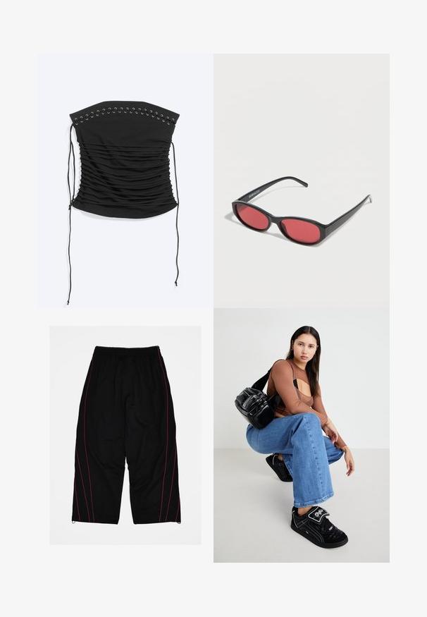 Haut corset noir sans bretelles froncé avec détail lacé et longs liens latéraux, posé à plat sur fond clair.; Pantalon de sport noir avec une coupe ample, tissu en maille et bandes latérales roses contrastantes. Taille élastique avec cordon de serrage réglable.; Sac bandoulière noir avec plusieurs poches zippées, haut à manches longues marron avec un design découpé, et jeans larges bleus avec des bords effilochés.; Lunettes de soleil ovales noires avec des branches fines et des verres teintés rouges posées sur une surface blanche.