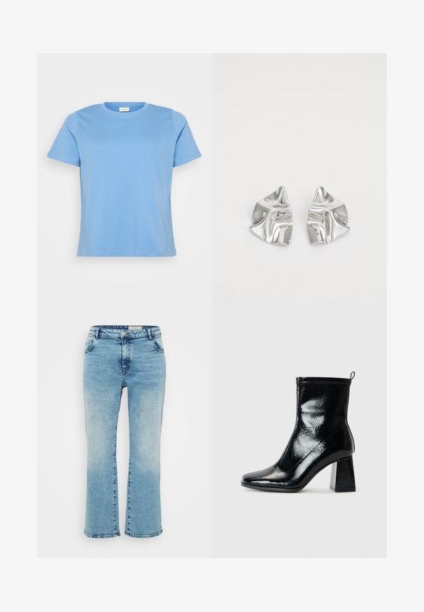 Camiseta de manga corta azul claro, hecha de tejido de algodón suave, con un cuello redondo clásico y un corte relajado.; Vaqueros de mezclilla azul claro con corte recto, que cuentan con un cierre de botón, cinco bolsillos y un ligero desgaste en las rodillas.; Botín negro de charol con punta cuadrada y tacón geométrico grueso. Presenta una textura suave y brillante, y una lengüeta en la parte trasera para facilitar su uso.; Pendientes de metal plateado con un diseño ondulado y escultórico, que presentan un acabado pulido y formas irregulares, destacando una estética contemporánea.