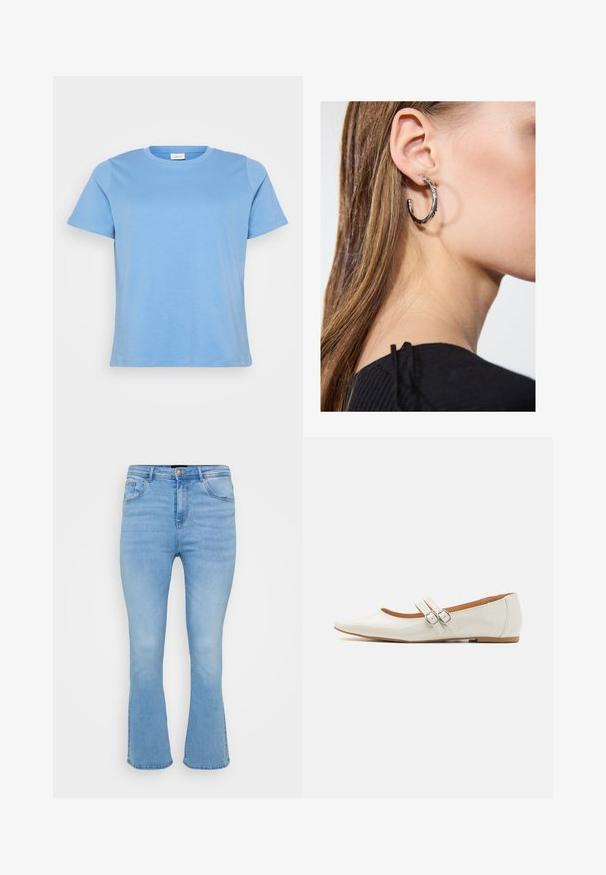 Lyseblå kortærmet t-shirt lavet af glat bomuldsstof, med en klassisk rund halsudskæring og en afslappet pasform.; Lyseblå flagrende jeans i denim af bomuld. Features høj talje, fem lommer og synlige sømme langs sømme og kant.; Hvide patentlæder flade sko med spids tå, to dekorative stropper med sølvspænder og en diskret brun sål.; Sølv hoop ørestik med en poleret overflade, prydet med små guld accenter og en rund form, båret på øreflippen.
