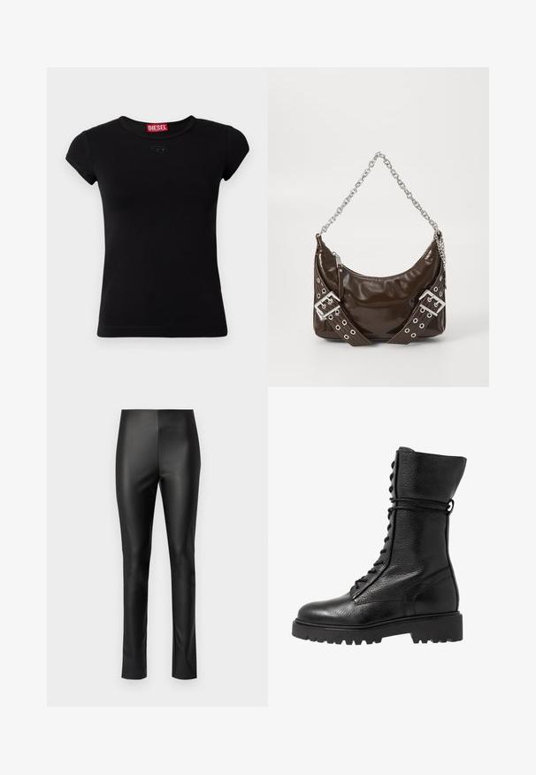 Sort kortærmet t-shirt lavet af bomuld. Har en rund halsudskæring og et lille præget logo på forsiden. Glat tekstur.; Sorte leggings i faux læder med et slankt, tætsiddende design, der har en elastisk talje og ingen synlige metaldele eller pynt.; Sorte læder kampstøvler med en struktureret overflade, knæhøjt design, snørebånd foran og en kraftig gummisål med rillemønster.; Mørkebrunt patentlæder håndtaske med sølv kæderekke, dekorerede dobbelte spænder og lynlås lukning.