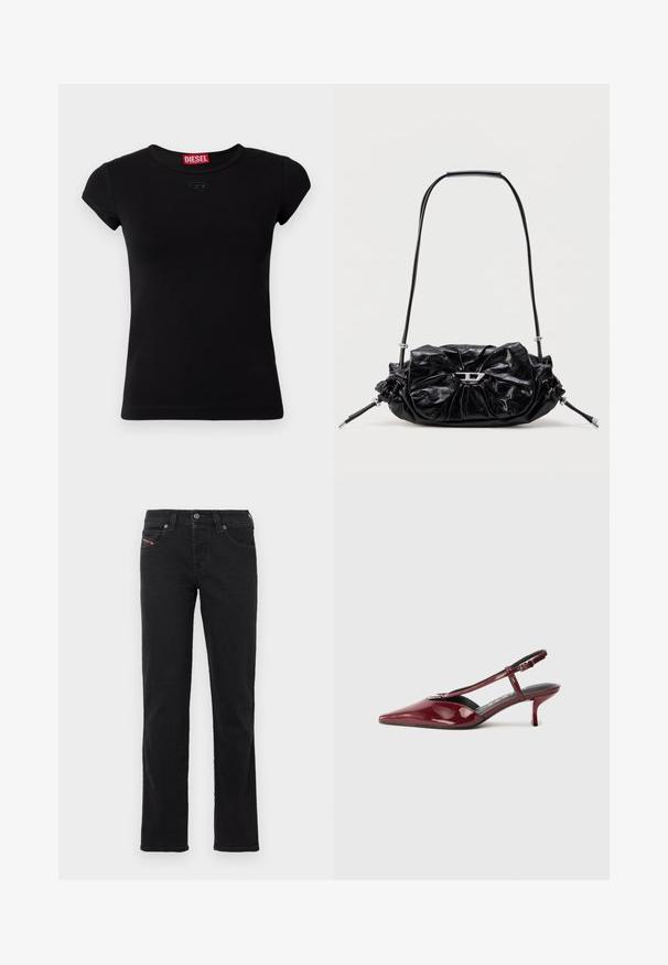 T-shirt noir à manches courtes en coton. Il présente un col rond et un petit logo embossé à l'avant. Texture lisse.; Jean en denim noir avec une coupe droite, doté d'une fermeture à boutons sur le devant, de cinq poches et de détails de couture subtils.; Chaussure slingback à petit talon aiguille en cuir verni bourgogne, à bout pointu, avec lanière en T et boucle en argent, sur fond blanc.; Sac à main en cuir noir avec un design froncé et un détail en forme de nœud sur le devant. Dispose d'une poignée courte et d'accents de quincaillerie argentée.