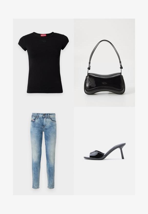 Zwart T-shirt met korte mouwen, gemaakt van katoen. Voorzien van een ronde halslijn en een klein reliëflogo op de voorkant. Gladde textuur.; Lichtblauwe denim jeans met een slim fit, vijfzakkenontwerp en een licht vervaagde textuur. Voorzien van een knoopsluiting en gestikte details.; Zwarte lakleren open-teen sandalen met hak, met een gebogen bovenkant ontwerp en een taps toelopende naaldhak. Gladde glanzende afwerking.; Zwarte laarzen van patentleer met een gebogen vorm, een enkele handgreep en een ronde bodem. Beschikt over een subtiele logodetail aan de voorkant.