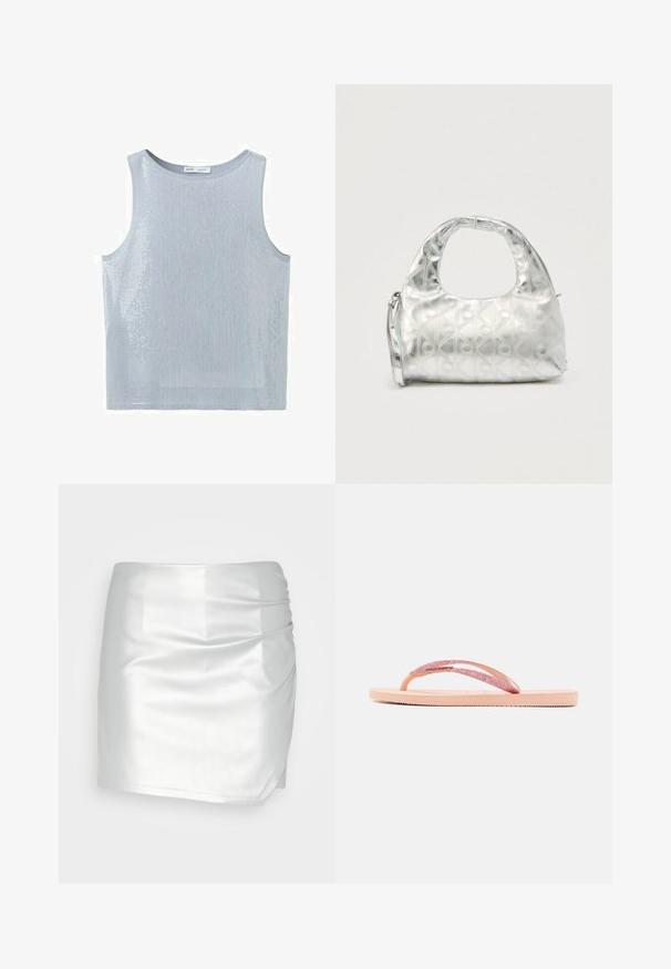 Débardeur sans manches bleu clair orné de sequins, avec un col rond et un ourlet droit.; Even&Odd by Zalando Short - silver; Tongs roses avec une lanière pailletée, une semelle en caoutchouc texturée et un design plat simple. Les accents incluent une pièce de connexion brillante.; Sac à main argenté avec un motif texturé de formes géométriques et de cercles, doté d'une poignée arrondie et d'une bandoulière amovible.
