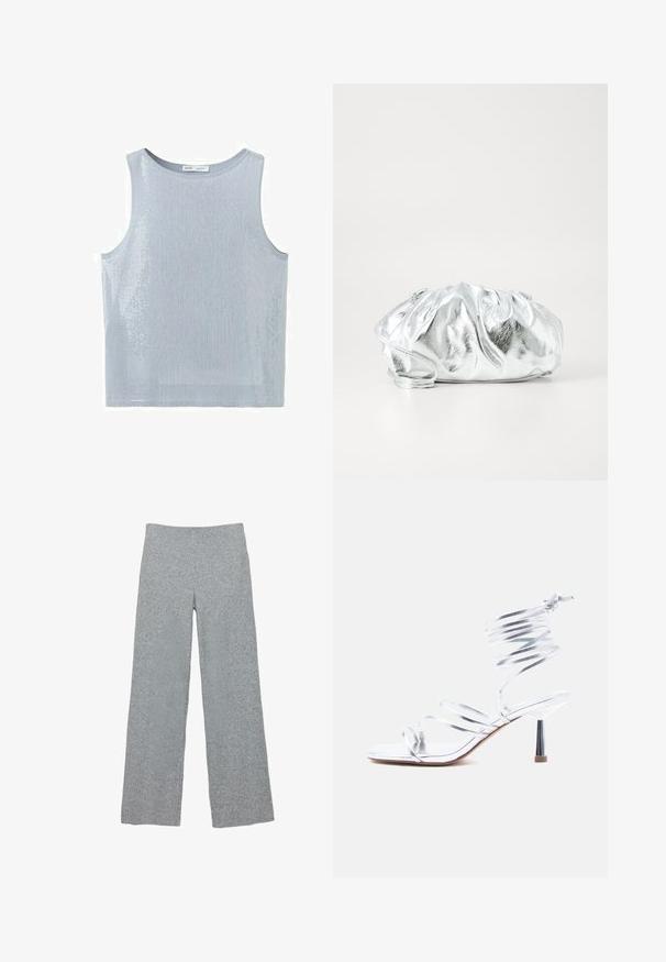 Débardeur sans manches bleu clair orné de sequins, avec un col rond et un ourlet droit.; Pantalon large en maille gris clair avec une taille épaisse et texturée. Le tissu présente un motif subtil et une coupe ample et décontractée.; Sandale à talon haut argentée à lanières fines croisées sur les orteils et une bande en spirale autour de la cheville sur fond blanc.; Pochette argent métallique avec un corps doux et froncé et une fine bandoulière. Présente une texture lisse et brillante ainsi qu'une forme arrondie.