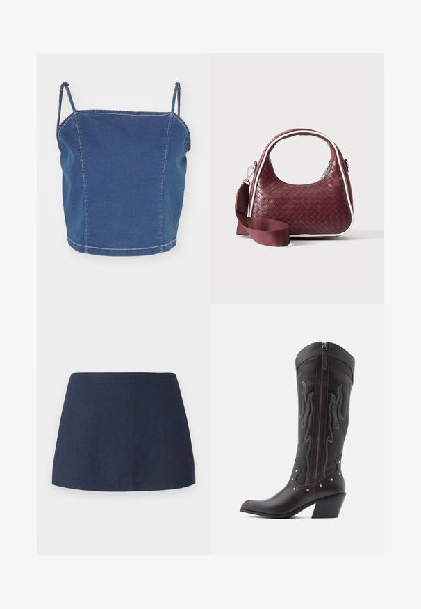 Blå denim cropped top med tynde skulderstropper, har et tætsiddende design og synlige søm detaljer langs sømmen.; Mørkeblå, kort A-line nederdel lavet af et tekstureret, letvægtsstof med en glat talje og uden mønstre eller dekorationer.; Brune læder cowboystøvler med flammebroderi, sidelukning med lynlås, sølvnitter, spids snude og lagdelt hæl.; Mørkerød vævet lædertaske med buet hank, hvid kant, sølv lynlås og aftagelig bred stofskulderrem mod en ensfarvet baggrund.