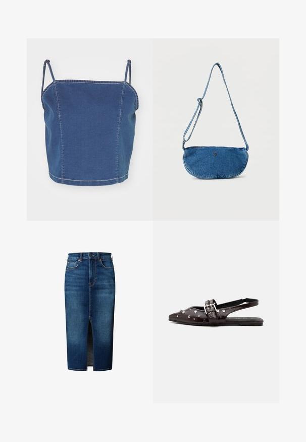 Top corto de mezclilla azul con tirantes finos, que presenta un diseño ajustado y detalles de costura expuesta a lo largo de las costuras.; Falda midi de mezclilla azul oscuro con abertura frontal, cierre de botones, trabillas para cinturón y bolsillos delanteros.; Zapato plano tipo slingback negro puntiagudo con tachuelas plateadas y detalle de doble hebilla en la correa sobre fondo blanco.; Bolso bandolera azul de mezclilla con correa ajustable y pequeño logo metálico en el frente, exhibido sobre fondo blanco.