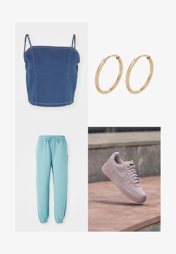 Modrý denimový crop top s tenkými ramennými popruhmi, s priliehavým strihom a odhalenými stehovými detailmi pozdĺž švov.; Svetlo modré tepláky vyrobené z mäkkej tkaniny s elastickým pásom, detailom na šnúrku a elastickými manžetami na členkoch. Malé logo na boku.; Svetloružový teniska Nike Air Force 1 plávajúci nad betónovým povrchom s ružovým nádychom a sivou kamennou stenou v pozadí.; Zlaté kruhové náušnice s hladkým, lešteným povrchom. Zaoblený tvar, stredná veľkosť, vybavené bezpečným uzatváracím mechanizmom.