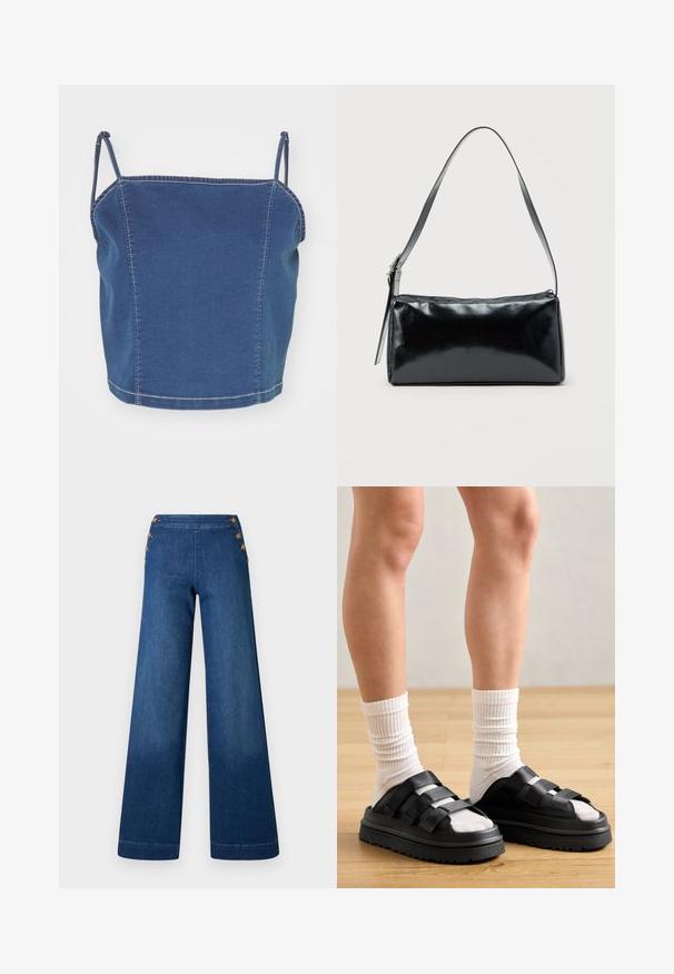 Blå denim cropped top med tynde skulderstropper, har et tætsiddende design og synlige søm detaljer langs sømmen.; Denimbukser med vidde i benene i mørkeblå. Har en flad front med fem knapper i gylden tone til lukning. Glat tekstur med en klassisk finish.; Sorte platform sandaler med tre brede remme, teksturerede såler og åbne tæer, parret med hvide ribbede crew-sokker på benene mod en lys træbund.; Sort rektangulær skuldertaske med en enkelt justerbar rem og lynlås i toppen på en ensfarvet baggrund.