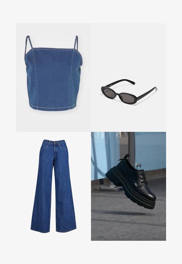Top corto de mezclilla azul con tirantes finos, que presenta un diseño ajustado y detalles de costura expuesta a lo largo de las costuras.; Jeans de mezclilla de pierna ancha en azul medio, con una cintura alta, costuras en contraste y un diseño clásico de cinco bolsillos.; Zapato de plataforma de cuero negro con suela gruesa y cordones negros, suspendido sobre la acera cerca de una valla de malla azul y un poste de metal.; Even&Odd by Zalando Gafas de sol - black