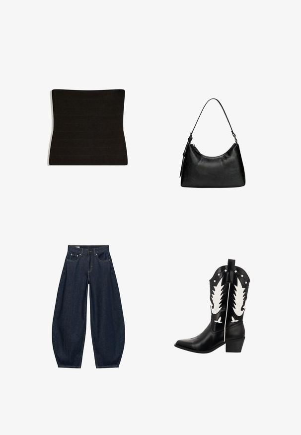 Zwarte bandeautop van rekbare stof met horizontale geribde textuur en een licht gebogen silhouet.; Donkerblauwe denim jeans met wijde pijpen, voorzakken, riemlussen en een knoopsluiting in de taille.; Zwarte leren cowboylaars met witte blaadjespatronen, puntige neus en een korte blokhak. Kenmerkt zich door decoratieve stiksels en een trekband aan de zijkant.; Zwarte synthetische leren handtas met een gebogen vorm, korte handgreep, ritssluiting en een subtiel textuurpatroon op het oppervlak.