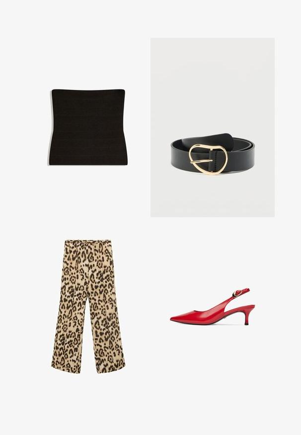 Schwarzes Bandeau-Top aus elastischem Stoff mit horizontaler Rippstruktur und einer leicht geschwungenen Silhouette.; Leopardenmuster weite Hosen in Beige und Braun mit einem Kordelzugbund, glattem Stoff und lässiger Passform.; Rote Lackleder-Slingback-Absätze mit einer spitzen Zehenform und einem goldfarbenen Akzent am Riemen. Verfügt über einen schlanken schwarzen Absatz.; Schwarzer Ledergürtel mit einer unregelmäßig tropfenförmigen goldfarbenen Metallschließe, auf einem weißen Hintergrund zusammengerollt.